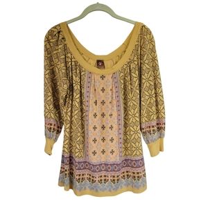 Language Sz S Boho Aztec Print 3/4 Sleeves Tunic Shirt Top Gold Multicolor